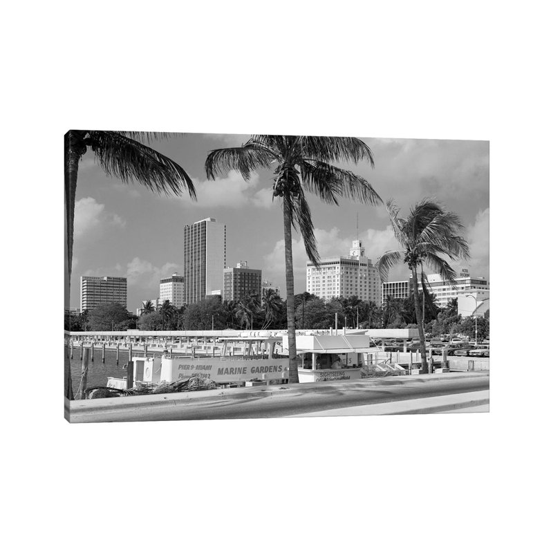 1970s Sightseeing Boat At Pier Day Light Skyline Palm Trees Miami Florida USA - Wrapped Canvas Print, 30.48 cm H x 45.72 cm W
