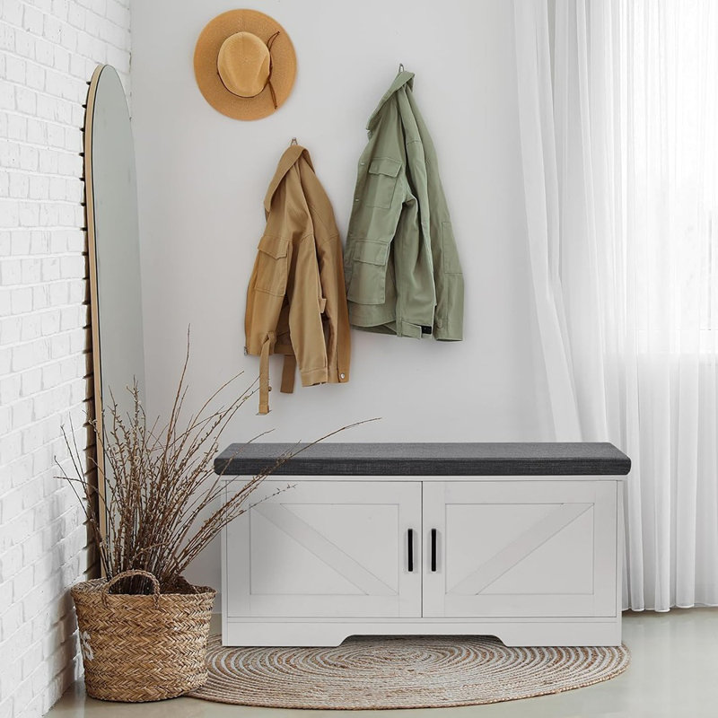 Gracie Oaks 2 Tier Shoe Storage Bench With Padded Seat Cushion, Entryway Bench With 2 Barn Doors, White, Adjustable Shelf, 13.8" D X 39.4" W X 17.7" H