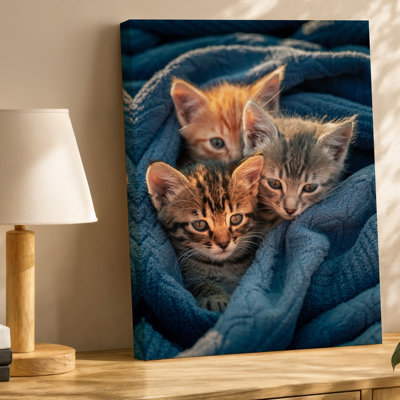 Canvas Three Adorable Kittens Nestled Together In A Soft Blue Blanket Wall Art Their Tiny Faces Peeking Out With Wide Curious Eyes The Canvas Wall Art