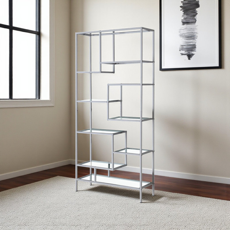 Rona Etagere Bookshelf with 9 Glass Shelves in Silver Finish, 71.76" H X 31.76" W X 11.86" D