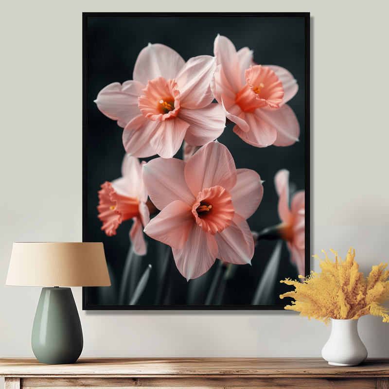 «Pink Black Ethereal Emblem Daffodils» - impression d'art mural jonquilles, H 34 po x l 44 po, Cadre flottant noir