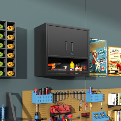 Metal Wall Storage Cabinet With Locking Doors And Open Drawer For Garage, Shop, Warehouse - Cold Rolled Steel Build, Powder Coating Longevity, Easy Assembly, Classic Black Finish Mounted Tool Secure