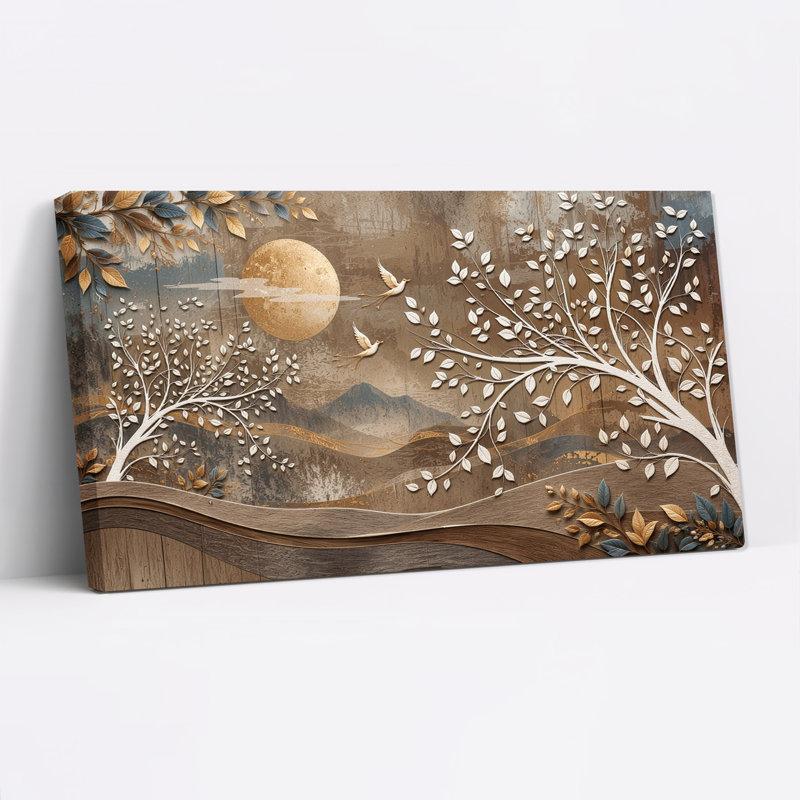 Tableau sur toile représentant des arbres blancs, des oiseaux et une lune dorée sur les montagnes, 58“W x 28”H