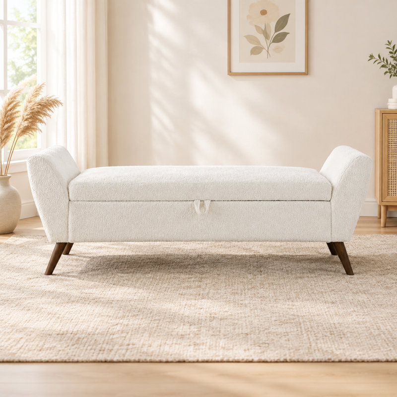 Banc de rangement moderne de 60 po avec pieds en bois Mid-Centruy, Off-white