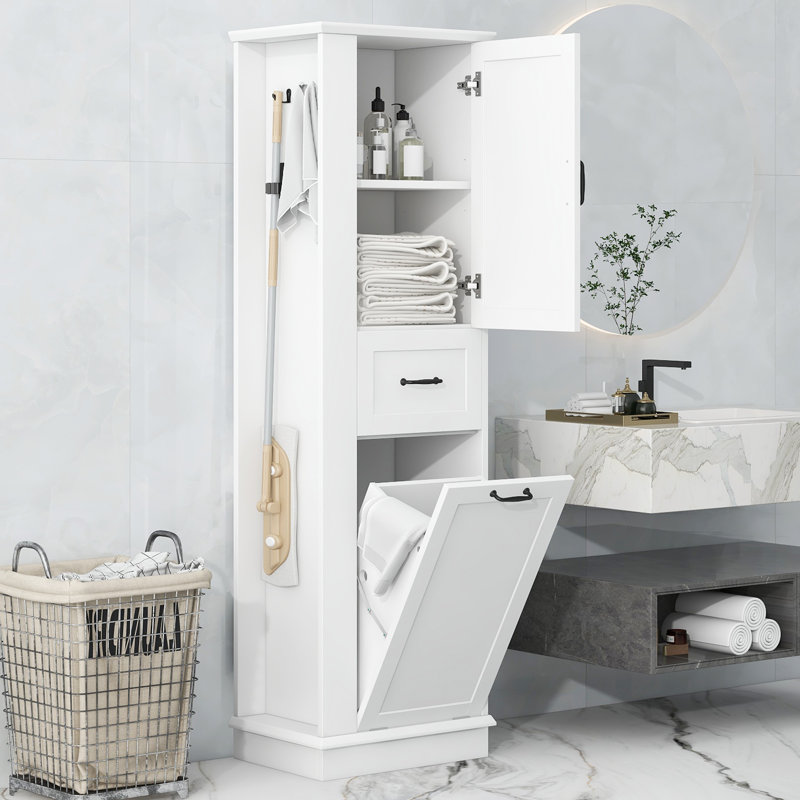  67" Tall Modern Storage Cabinet with Tilt-Out Compartment and Side Hooks, White, White