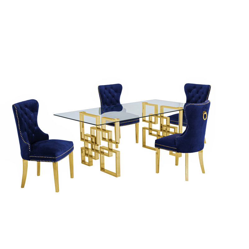Toombs Glass Top Double Pedestal Dining Set, Navy Blue/Gold, 5