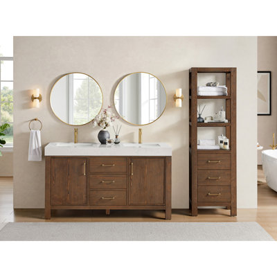 Meuble-lavabo double Frederica 60 po en épicéa brun vieilli avec comptoir en pierre composite
