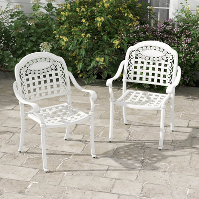 Lark Manorâ„¢ 2 Pcs Patio Cast Aluminum Armrest Chairs Dining Stackable Outdoor White