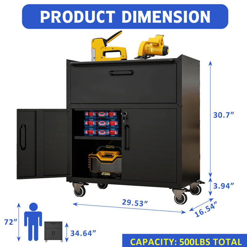 Metal Tool Cabinet With Wheels, Storage Cabinet With 1 Drawer And 2 Locking Doors, Rolling Tool Storage Cabinet