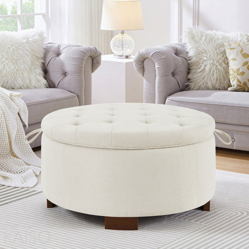 Repose-pieds rond avec couvercle, tissu réversible / bouclé pour le salon - ivoire, Ivory