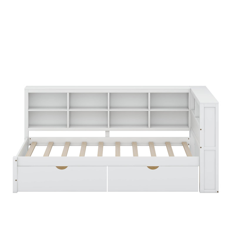 Lit de jour simple en bois avec tiroirs, tablette et ports de chargement USB, Blanc