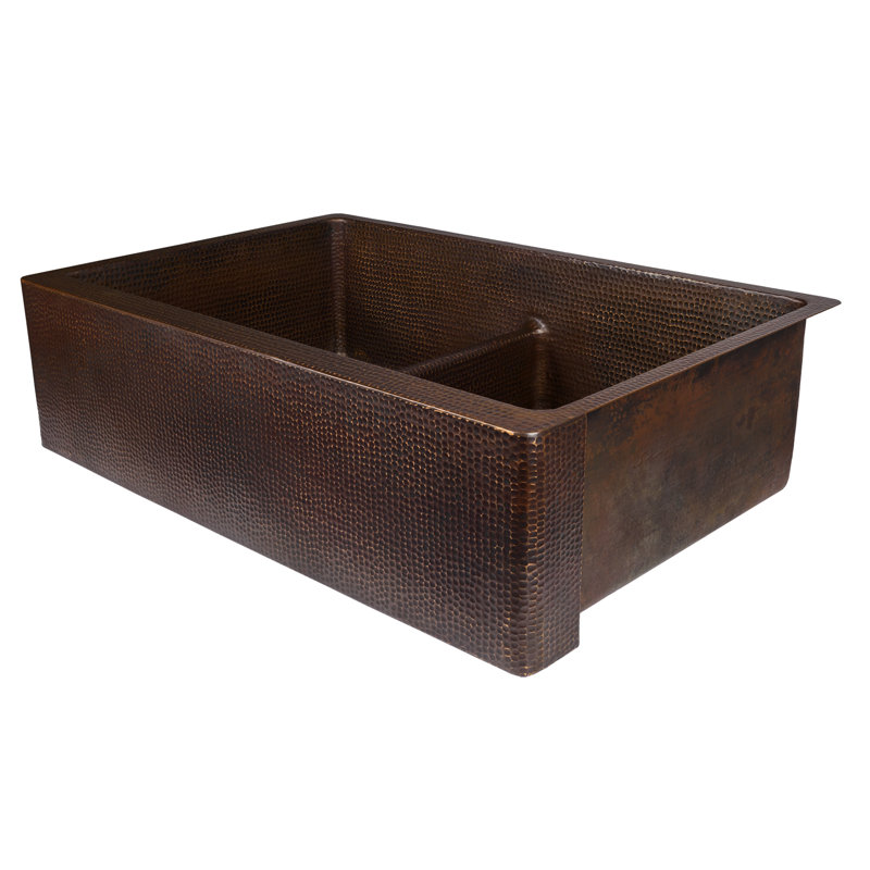 33" Hammered Copper Apron Front 50/50 Double Basin Kitchen Sink with Short 5" Divider