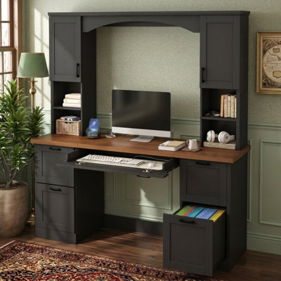 Retro Computer Desk with Keyboard Tray, Hutch, and Charging Station