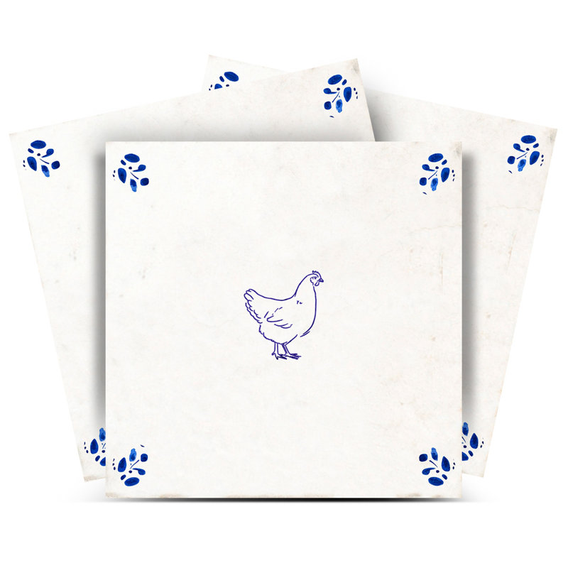 Carreau de mosaïque autocollant en vinyle, illustration vintage de poule bleue, style ferme méditerranéenne, 20 x 20 cm