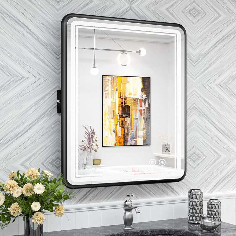 Demetrion Rectangle Lighted Pivot Bathroom Vanity Mirror with Anti-fog and 3 Adjustable Color, 26" x 22", Matte Black