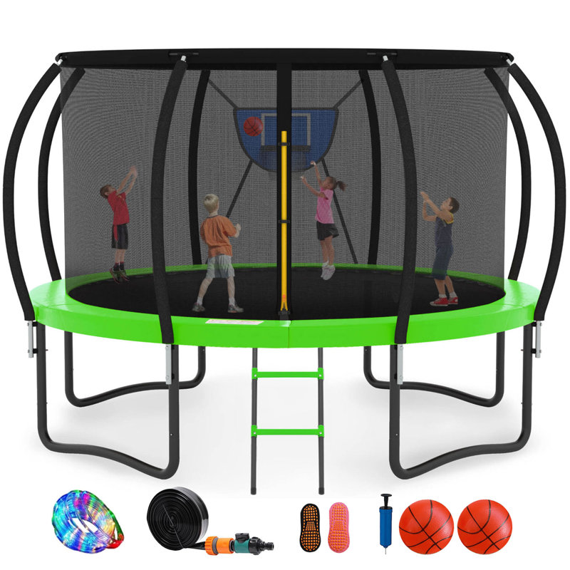 12Ft Round Backyard Trampoline With Safety Enclosure, The Gift Is Basketball Hoop, Sprinkler, Lights, Green
