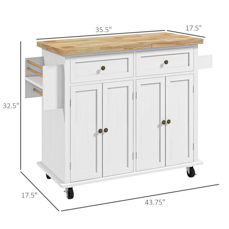 Kitchen Island Cart with Rubber Wood Top, Rolling Kitchen Island Table on Wheels with Drawers, Adjustable Shelves, Spice Rack and Towel Rack for Dining Room, Distressed White