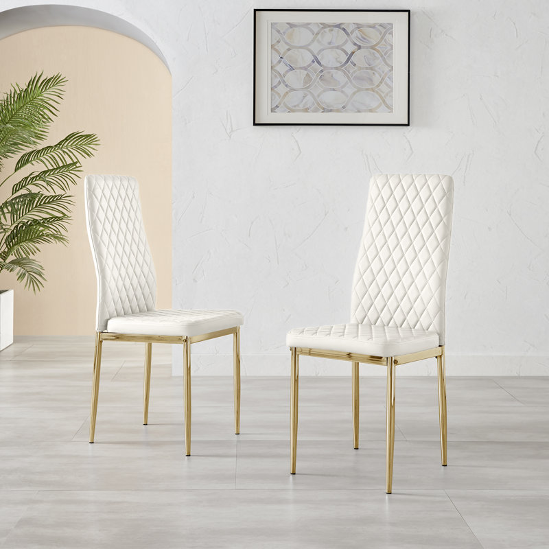 Eubanks Faux Leather Upholstered Metal Leg Dining Chair, White, Gold