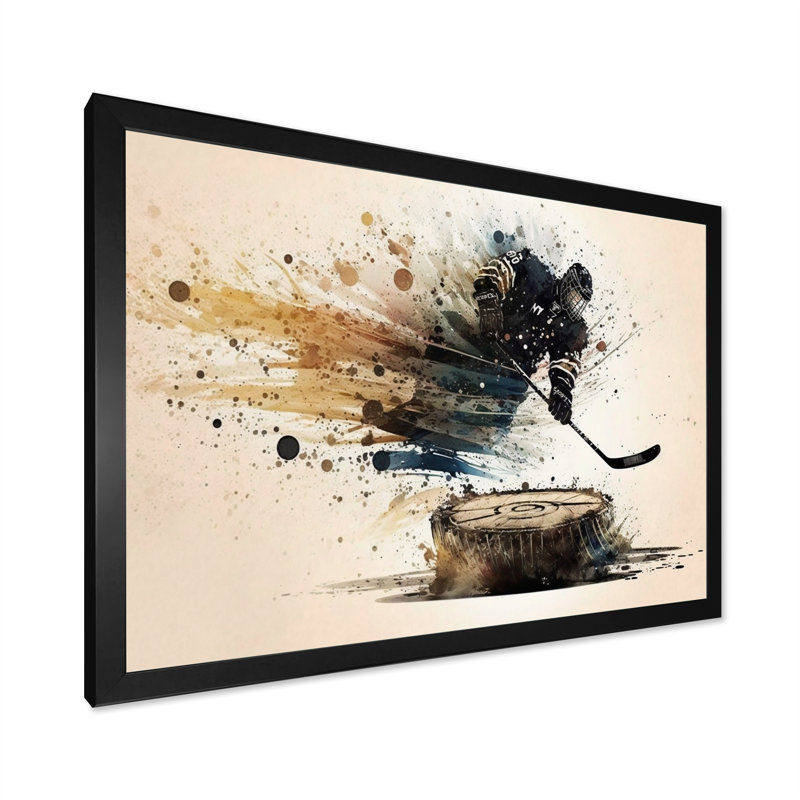 Joueur de hockey frappant une rondelle, Impression noire sur toile encadrée, H 12 po x l 20 po x P 1 po