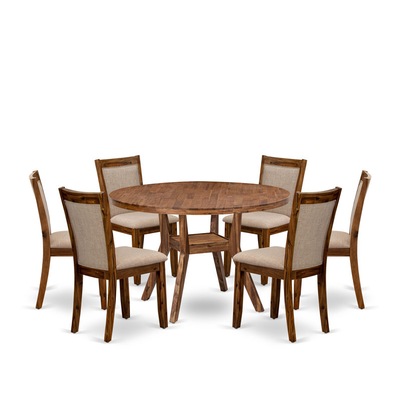 L'ensemble de table de cuisine 7 pièces se compose d'une table de petit-déjeuner sur piédestal et de 6 chaises rembourrées en lin brun clair avec dossier rembourré - noyer antique