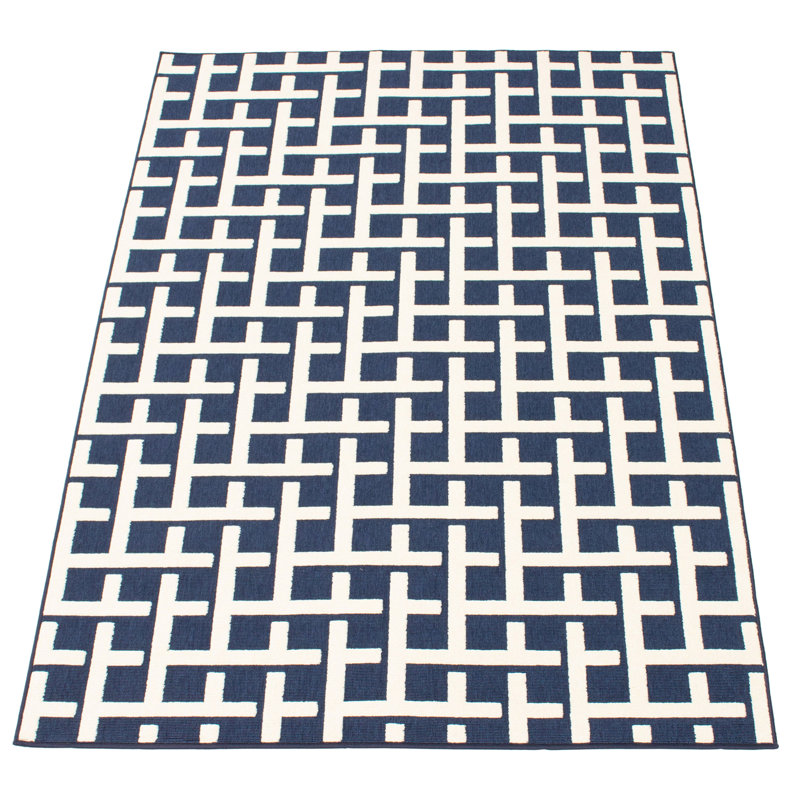 Ensemble de tapis intérieur / extérieur géométrique bleu, Rectangle 6 pi 7 po x 9 pi 6 po