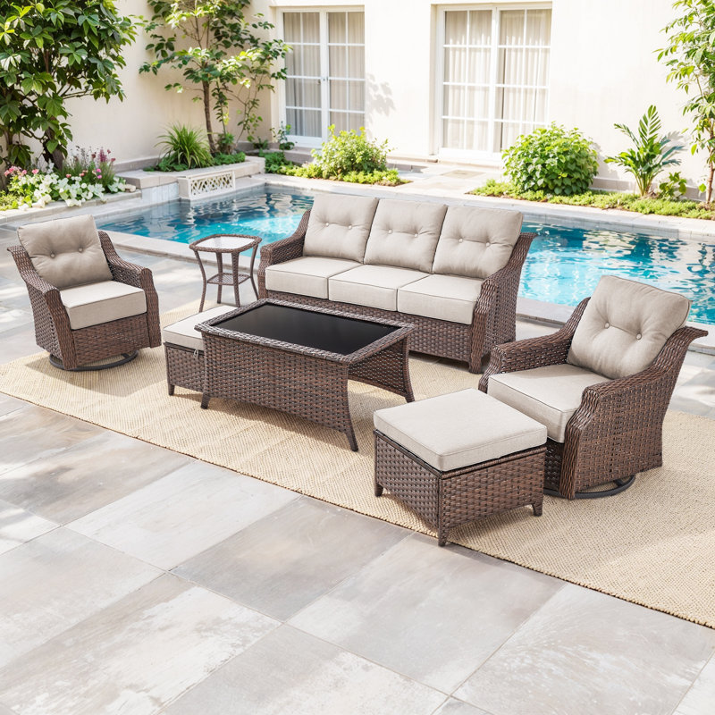 Acton 7 - Pieces Outdoor Wicker Sofa Seating Group With Ottomans And 6" Thick Cushions, Beige