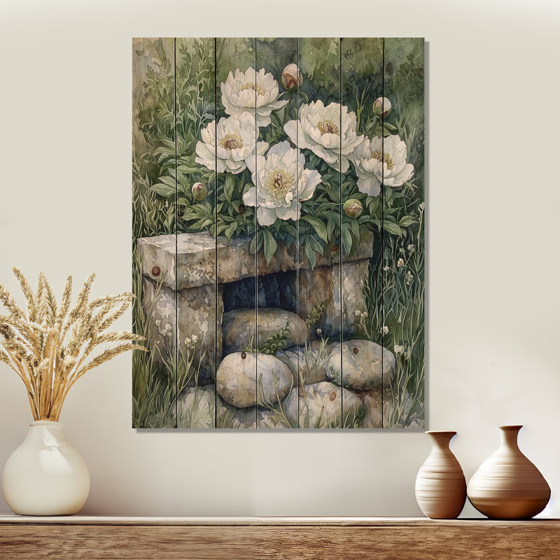 Pivoines bleues céruléennes près du puits I - Décoration murale en bois de pivoines - sur bois de pin naturel