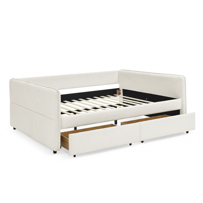 Lit de jour avec canapé-lit capitonné et deux tiroirs, Beige