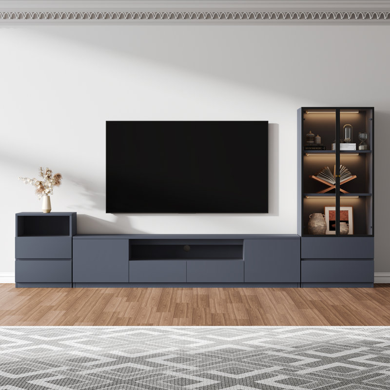Gray Entertainment Center With Wall Unit Tv Stand, End Table And 3-Tier Glass Display Case With Drawers For Living Room, Modern Wood Media Console Set Of 3 With Storage Up To 75" Tvs