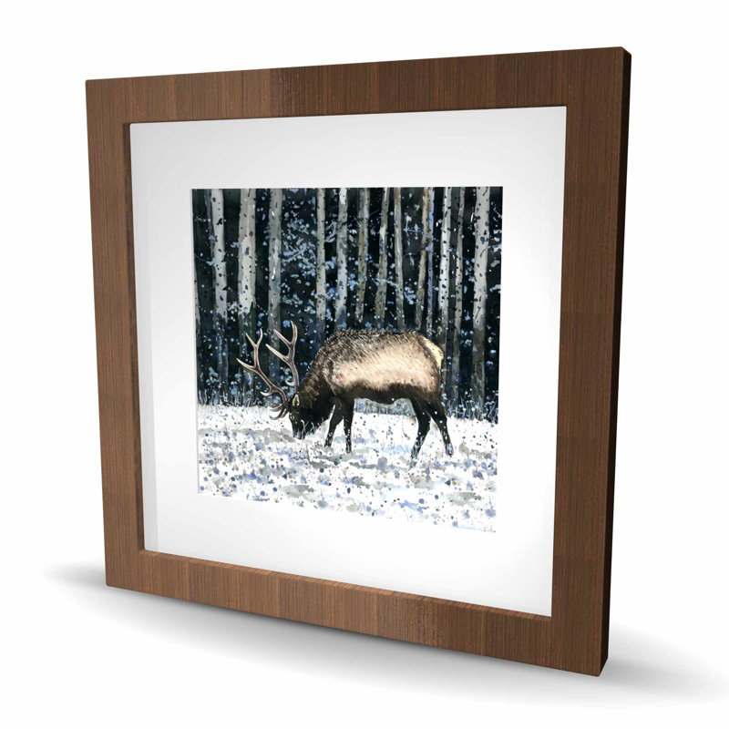 «Caribou in the Winter Forest - Deer Brown», reproduction d'art encadrée