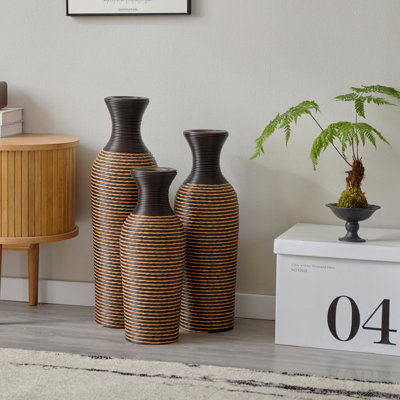 Hand-Woven Pvc Rattan Vases, Set Of 3 Decorative Floor Vases, 27.56in 23.62in 19.69in Tall Brown Striped Farmhouse Vases For Living Room & Office Decor