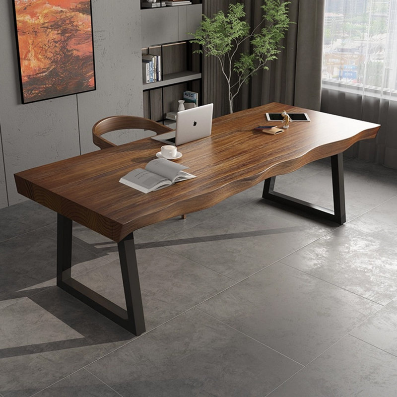 Nut-brown + Black Rectangular Solid Wood desk, 29.53" H x 70.87" W x 31.5" D