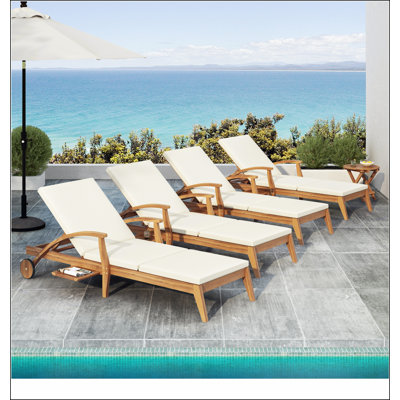 CHAISE LOUNGE WITH WHEEL - ACACIA WOOD RECLINER FOR PATIO/GARDEN, WITH 2INCH WHITE CUSHION, 4-POSITION ADJUSTABLE BACKREST,( Only 1 SET: 1 frame+ 1 Cushion) 