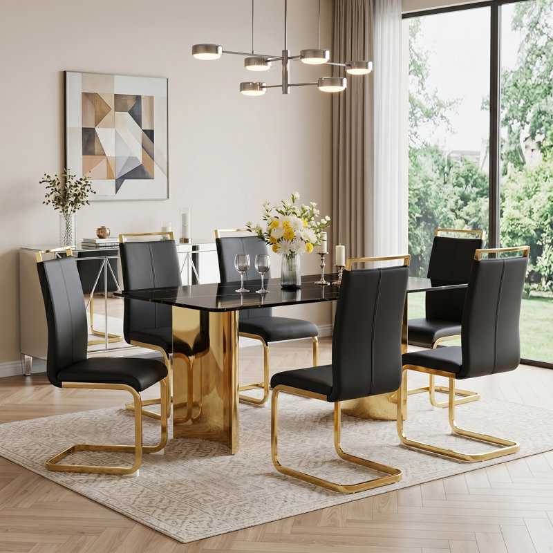 Modern 7-Piece Rectangular Faux Marble Tempered Glass Dining Set with Faux Leather C-Shaped Chairs, Black