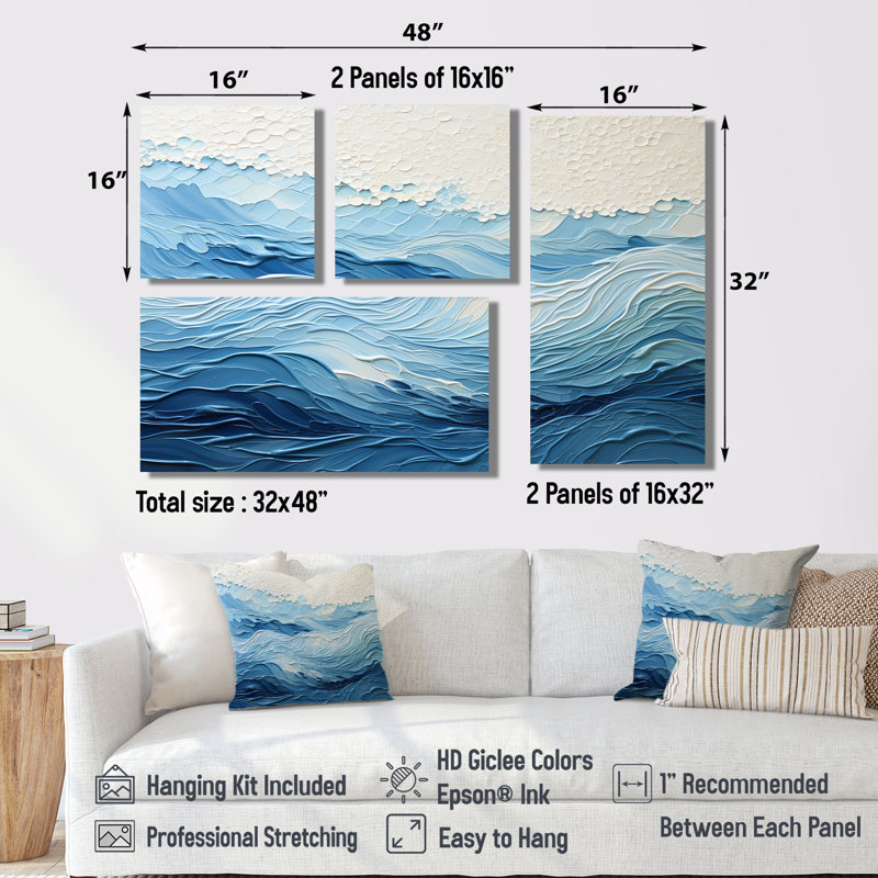 Vagues modernes bleues et blanches de la côte I - décoration murale nautique bleue 4 pièces, Doré
