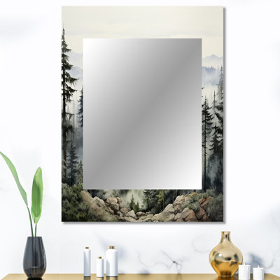 Pin, Misty Mountain I - miroir mural unique en pin, miroir vert, impression sur métal