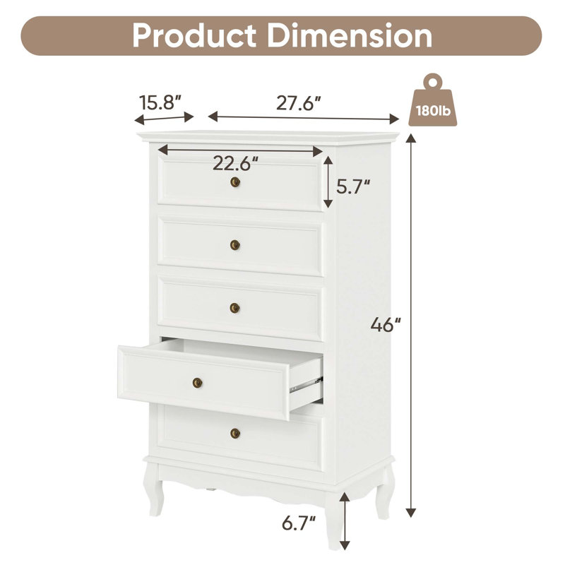 Commode 5 tiroirs pour chambre à coucher, armoire de rangement moderne avec pieds en bois massif