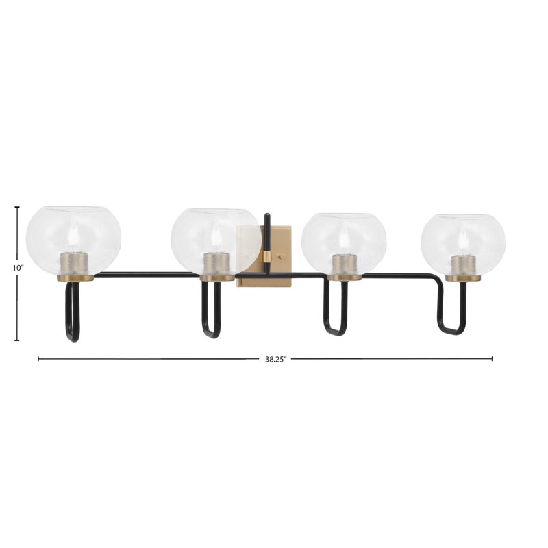 Barre d'éclairage de salle de bain 4 lumières Amarmula, noir mat et laiton vieilli, verre bullé transparent de 7 po