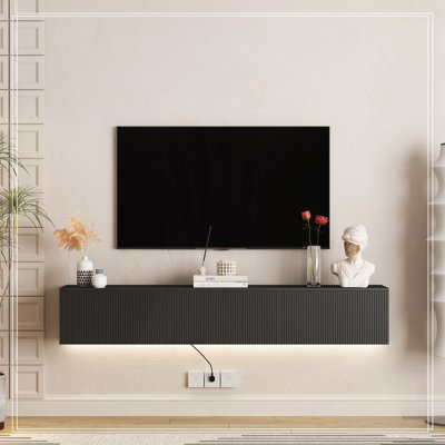 Meuble télé flottant, meuble télé mural avec lumières DEL et prise de courant, meuble télé ultrabrillant pour meuble télé blanc pour le salon