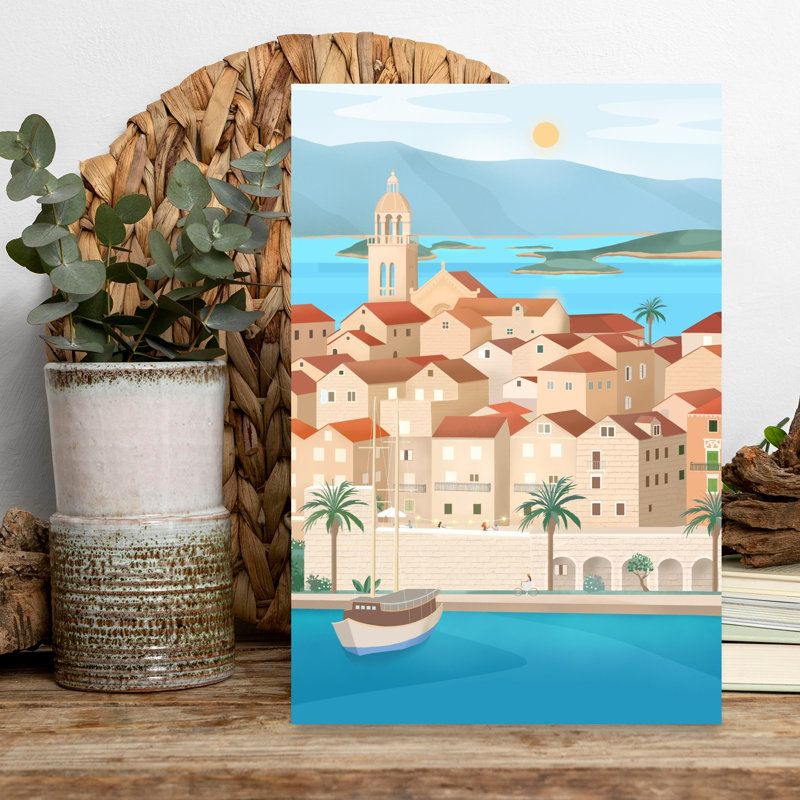 Affiche murale abstraite de lever de soleil sur le port, architecture de palmiers et ville, H 18 po x l 12 po