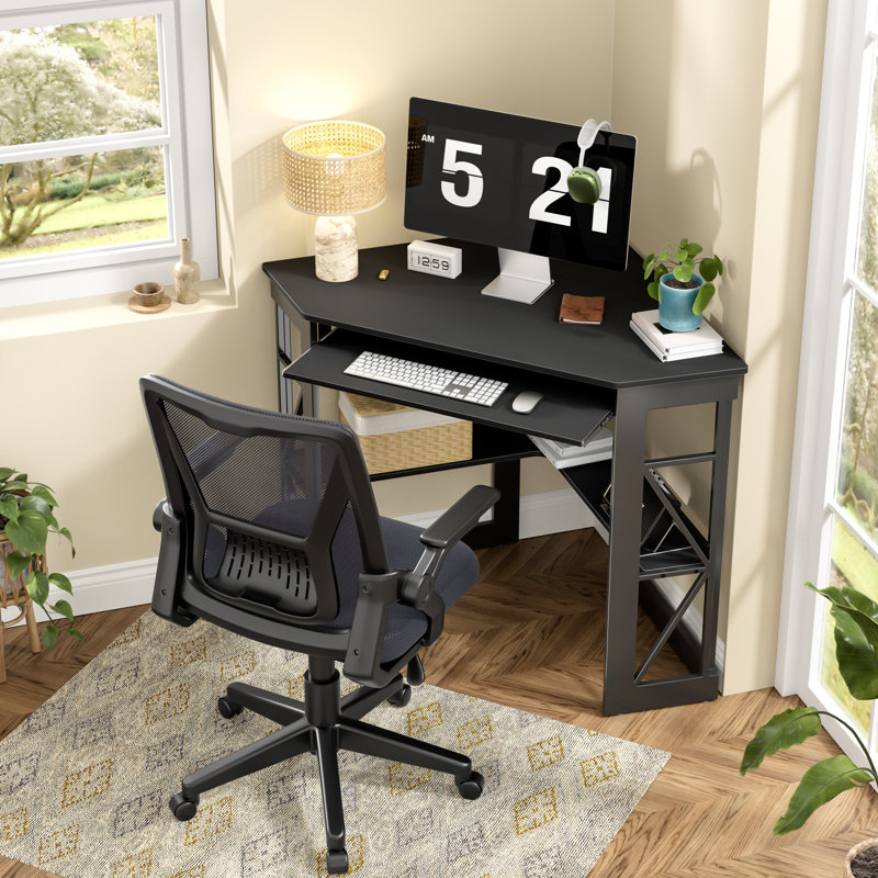 Home Office Desk Set With 1 Office Chair, Corner Desk Computer Desk With Smooth Keyboard Tray And Storage Shelves, Writing Table With Chair For Home Office, Set of 2