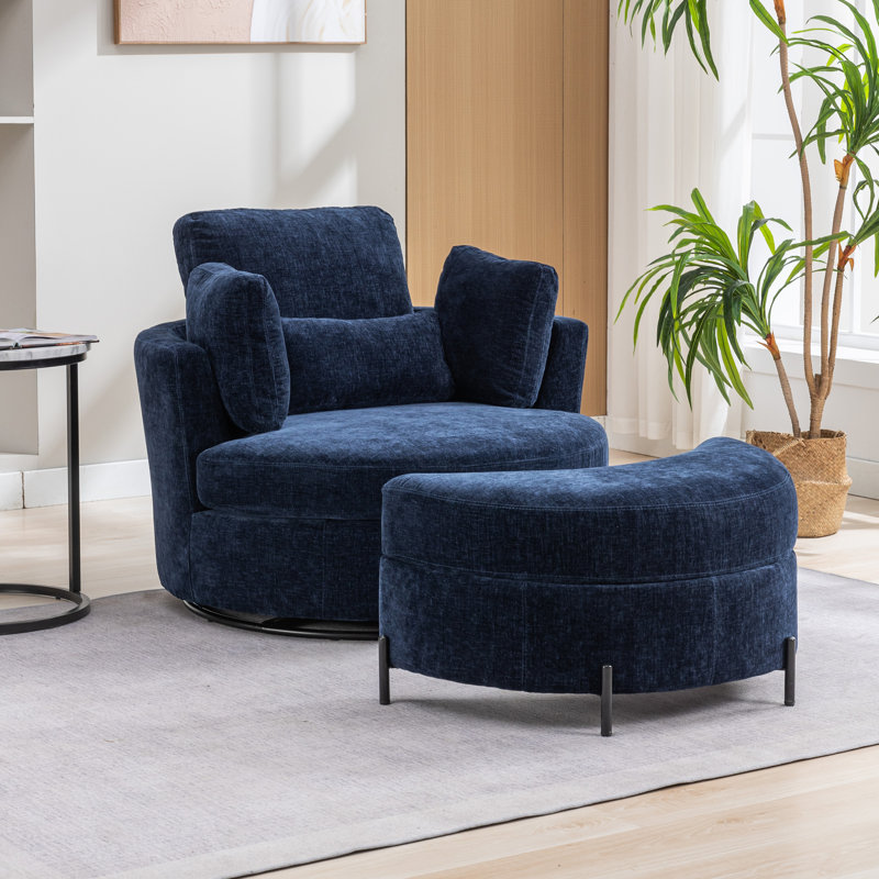 Kavonta Upholstered Slipcovered Swivel Barrel Chair with Ottoman, Navy Chenille