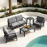 Ensemble de patio extérieur en teck pour quatre personnes avec coussins et deux tables Clinkscales