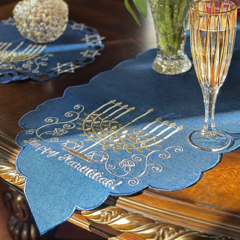 Blue Hanukkah Menorah Embroidered Table Runner