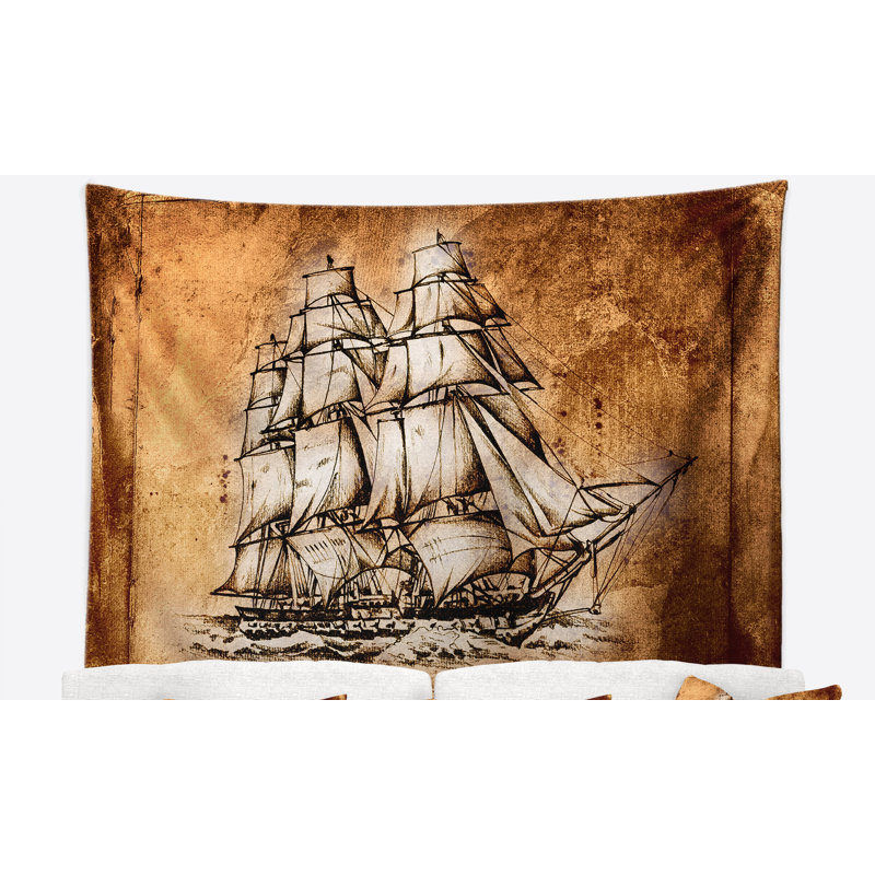 Tapisserie de dessin de voilier en shore de mer antique avec accessoires suspendus inclus, H 32 po x l 39 po