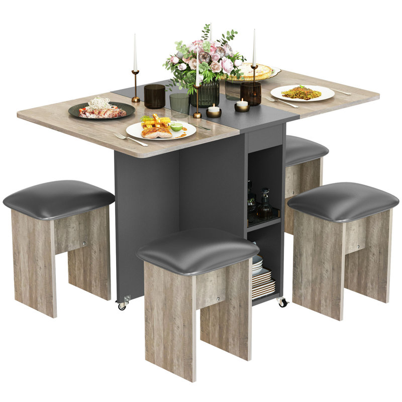 5-Piece Drop-Leaf Dining Table and Chair Set for the Kitchen, Folding Dining Table with 6 Wheels and 4 Leather Stools, Space-Saving Dining Table Set for Apartments, Dining Rooms, and Kitchens, Gray & Black