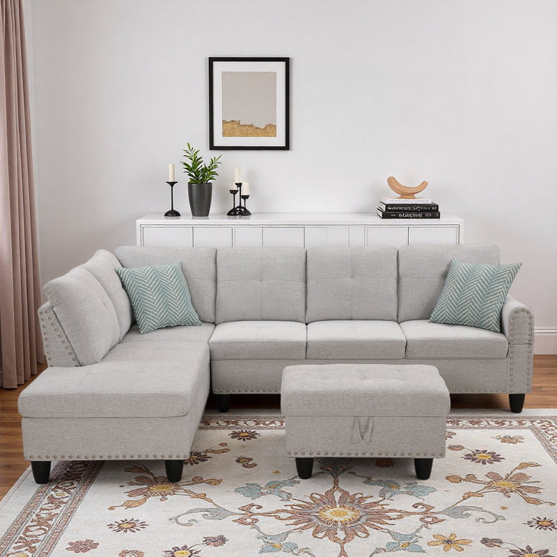 Linen Fabric L - Shaped Sectional Sofa With Nailhead Trim And Cup Holders And Storage Ottoman, Light Gray