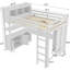 Lit mezzanine blanc avec dimensions pour grand lit, bibliothèque et armoire de rangement, hauteur de tablette réglable en L-1034326528