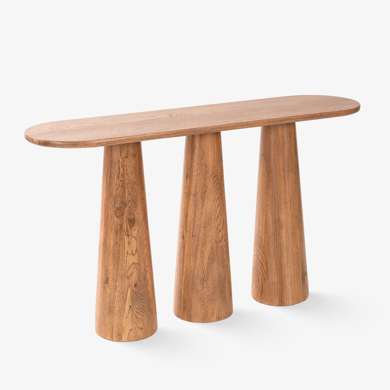 Console Hump en bois massif au fini cerusé brun clair avec plateau arrondi et trois pieds coniques