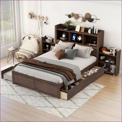 Lit plateforme double en pin massif avec panneau de rangement en MDF et lit gigogne Tiroirs, espresso - aucun sommier nécessaire